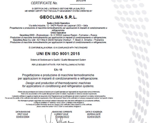 UNI EN ISO 9001:2008 attesting the quality management system of Geoclima Srl and prodcution facilities Geoclima Russia and Geoclima Asia